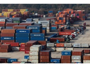 Trucks parked at the Uiwang Inland Container Depot to disrupt operations during a protest in Uiwang, South Korea, on Thursday, Nov. 24, 2022. Truck drivers are on strike in South Korea for the second time in less than a year, targeting major ports in a bid to disrupt key exports from autos to petrochemicals.