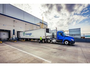 A refrigerated truck arrives at a Lineage Logistics warehouse facility.
