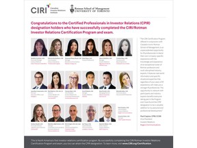The Canadian Investor Relations Institute (CIRI) announces the latest Certified Professional in Investor Relations (CPIR) designation holders
