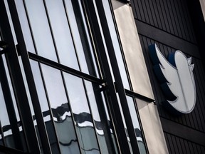 The Twitter logo is seen at the social media company's headquarters in San Francisco on Friday, Nov. 11, 2022.