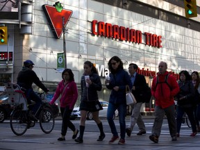 People pass a Canadian Tire store in downtown Toronto.