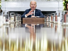 President Joe Biden speaks at the top of a meeting with congressional leaders to discuss legislative priorities for the rest of the year, Tuesday, Nov. 29, 2020, in the Roosevelt Room of the White House in Washington. Also pictured is House Speaker Nancy Pelosi of Calif., right.