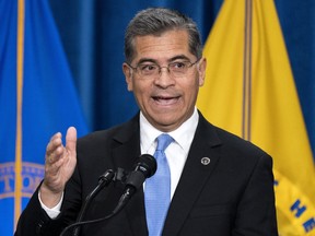 FILE - Health and Human Services Secretary Xavier Becerra speaks during a news conference at the HHS Humphrey Building, Oct. 18, 2022, in Washington. The Biden administration says it's seeing a big uptick in the number of new customers buying private health insurance for 2023 from the Affordable Care Act's marketplace.