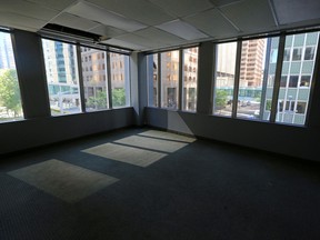 The inside of an empty office tower in Calgary, slated to be transformed into affordable housing, in 2021.