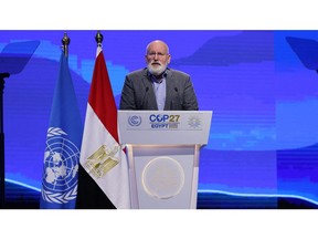 EU Executive Prime Minister Frans Timmermans delivers a speech at the Sharm el-Sheikh International Convention Centre, in Egypt's Red Sea resort city of the same name, during the COP27 climate conference on November 15, 2022.  Photographer: Ahmad Gharabli/AFP/Getty Images