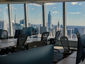 Desks at a new Meta office space in the Farley Building in New York, U.S., on Wednesday Sept. 29, 2021.