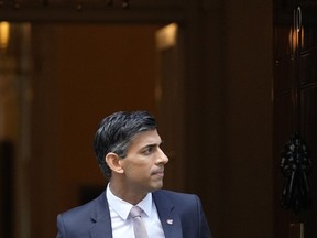 Britain's Prime Minister Rishi Sunak leaves 10 Downing Street to attend the weekly Prime Ministers' Questions session in parliament in London, Wednesday, Nov. 9, 2022.