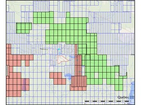 The green boxes represent the Claims; the red boxes represent Jourdan's previously acquired mining claims in the vicinity of the Claims