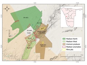 Location of ML86A, EPL-8905, other Madison properties and producing mines in the Erongo Uranium Province.