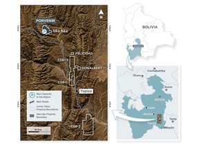 Cartier Silver's holdings, including areas under option, in the Chorrillos Project, Potosi Department, Bolivia.