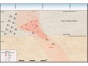 Long section of the Endeavour deposit showing pierce points of the November 2022 RC Drilling Programme
