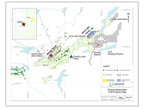Labrador Uranium Properties in the Central Mineral Belt (Labrador) highlighting the locations of the 2022 Moran Lake Drilling and groundwork.