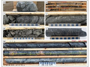 Core photos of structural zones from the Phase III summer drill program. G) sulphide-rich quartz veining proximal to significant shear zone in DR-22-036 hosting anomalous Co, Cu, and Mo. H) Graphitic shear with anomalous U, Mo, and Cu in DR-22-037. I&J) Strong graphitic cataclastic shear in DR-22-037. K) Graphitic clay-altered shear zone in DR-22-038 with5.87 ppm U. L) Anomalous B, Co, and Cu within a brittle reactivated graphitic shear zone. M) Brecciated graphitic high strain zone in DR-22-039.