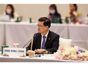 Hong Kong's Chief Executive John Lee attends the "APEC Leaders' Informal Dialogue with Guests" event during the Asia-Pacific Economic Cooperation (APEC) summit in Bangkok on November 18, 2022.  Photographer: Athit Perawongmetha/Pool/AFP/Getty Images