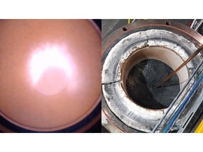 Image 1) (L) Plasma Arc in Reactor - Image 1) (R) Charcoal remaining at bottom of the reactor after test.jpg