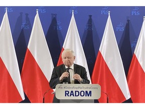 Jaroslaw Kaczynski, leader of Poland's Law & Justice party, addresses supporters at an event in Radom, Poland, on Oct. 26. Photographer: Natalia Ojewska/Bloomberg