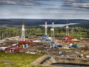 Rigs on a drilling pad from Seven Generations Energy Ltd.'s Montney operations.