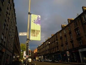 A banner advertising the COP26 climate talks in Glasgow, U.K., on Oct. 20, 2021.