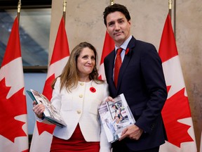 Deputy Prime Minister and Minister of Finance Chrystia Freeland and Prime Minister Justin Trudeau before delivering the fall economic statement on Parliament Hill in Ottawa.