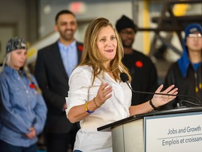 Deputy Prime Minister and Minister of Finance Chrystina Freeland speaks at a media event at International Brotherhood of Boilmakers in Calgary.