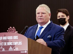 Ontario Premier Doug Ford speaking in Windsor, Ont.