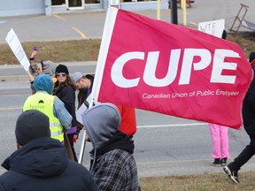 CUPE education workers and supporters picket on the Kingsway in Sudbury, Ont. on Nov. 7, 2022.