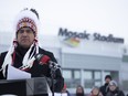 Kahkewistahaw First Nation Chief Evan Taypotat speaks at a press conference outside Mosaic Stadium in Regina.