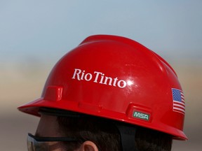 The Rio Tinto logo is displayed on a visitor's helmet at a borates mine in Boron, California.