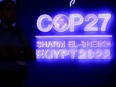 A security personnel stands guard at the COP27 climate summit in Red Sea resort of Sharm el-Sheikh, Egypt.