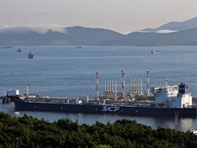 The Vladimir Arsenyev tanker at the crude oil terminal Kozmino on the shore of Nakhodka Bay near the port city of Nakhodka, Russia.