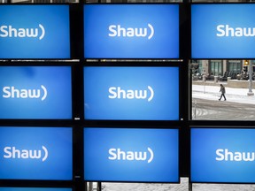 Shaw Communications Inc.'s logos on display at the company's annual meeting in Calgary.