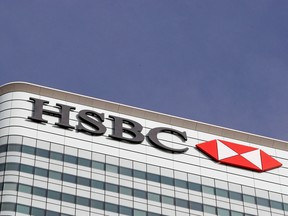 The HSBC bank building in the Canary Wharf financial district in London, Britain.
