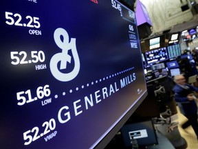 FILE - The logo for General Mills appears above a trading post on the floor of the New York Stock Exchange on Feb. 23, 2018, in New York. General Mills is the latest big advertiser to pause its ads on Twitter as questions swirl about how the social media platform will operate under new owner Elon Musk, a spokesperson confirmed Thursday, Nov. 3, 2022.