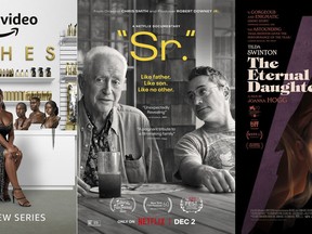 This combination of images shows promotional art for "Riches," a series premiering Dec. 2 on Amazon, left, and "Sr.," a documentary premiering on Netflix on Dec. 2, and "The Eternal Daughter," a film which opens in theaters and on video on demand Friday, Dec. 2. (Amazon via AP, left, and Netflix via AP)