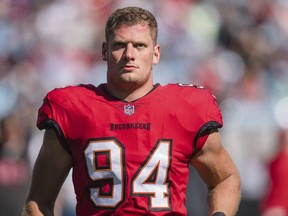 File - Tampa Bay Buccaneers linebacker Carl Nassib looks on during an NFL football game against the Carolina Panthers Sunday, Oct. 23, 2022, in Charlotte, N.C. Nassib dreamed of a different kind of social media app for years – one that celebrates positivity and community. With Rayze, a new app that links people to each other and to nonprofits, he may have it.