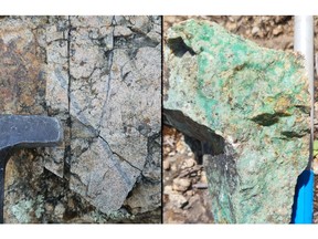 Typical porphyry B-type veins in outcrop (left) and outcropping copper oxide mineralization (right) from within the core area of high-grade mineralization (shown on Figure 1).