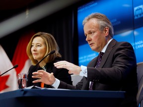 Carolyn Wilkins and Stephen Poloz during a news conference in January 2020.