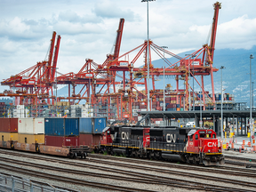 A CN Rail train loaded with containers sits at the Port of Vancouver.