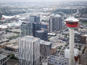 A view of the Calgary Tower and the Calgary Stampede grounds seen from the Telus Sky building in Calgary, Alta., Wednesday, July 6, 2022. A new Energy Transition Centre has opened its doors in downtown Calgary today.