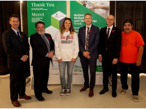 From left to right: Mr. Eric Charron, Deputy Minister of Advanced Education, Skills and Immigration, Dr. Patrick Rouble, President, Skills/Compétences Canada, Ms. Jamie McMillan, Founder of KickAss Careers, Mr. Shaun Thorson, Chief Executive Officer, Skills/Compétences Canada, Mr. Fred Meier, President of Red River College Polytech (RRC) and Elder Paul Guimond, Elder In Residence at RRC.