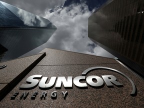 The Suncor Energy logo at the company's head office in Calgary.