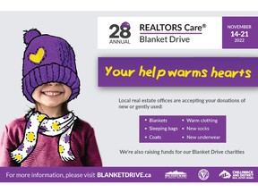 The REALTORS Care® Blanket Drive will run from November 14 to 21, 2022.The 28-year-old campaign is a partnership among the Lower Mainland's three real estate boards, the Real Estate Board of Greater Vancouver (REBGV), the Fraser Valley Real Estate Board (FVREB), and the Chilliwack and District Real Estate Board (CADREB).