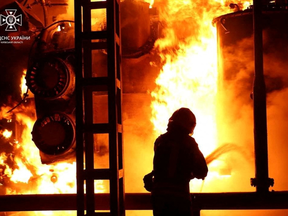 Firefighters work to put out a fire at energy infrastructure facilities, damaged by Russian drone strike, as Russia's attack on Ukraine continues. Russia's war on its neighbour has unleashed a global energy supply reckoning.