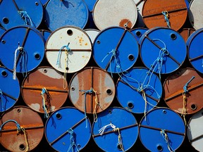 Oil barrels are stacked at the site of Vermilion Energy Inc in Parentis-en-Born, France.