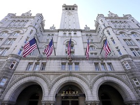 FILE - A view of the Trump International Hotel is seen on March 4, 2021, in Washington. The Trump hotel in Washington took in more than $750,000 from six foreign governments at sensitive moments in their U.S. relations, with guests spending as much as $10,000 per room a night, according to documents from the Trump family company's former accountants released Monday, Nov. 14, 2022, by a congressional committee. The Trump hotel, now a Waldorf Astoria, drew criticism from the start of Trump's presidency for taking money from GOP politicians, companies and foreign governments.