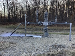 This Nov. 7, 2022, photo, released by the Pennsylvania Department of Environmental Protection shows a methane leak at a well owned by Equitrans Midstream at their Rager Mountain storage facility near Jackson Township, Pa. A vent at the underground natural gas storage well in Western Pennsylvania has been spewing massive amounts of planet-warming methane into the atmosphere for more than 11 days. (Pennsylvania Department of Environmental Protection via AP)