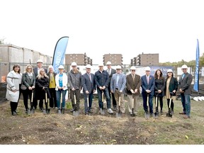 Project partners, alongside federal, provincial, county, and city representatives, celebrate the groundbreaking of a new Permanent Supportive Housing development at 10 Shelldale Crescent in Guelph, Ontario.