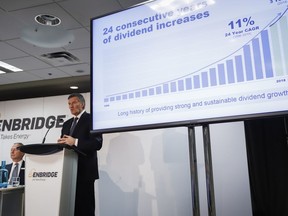 Enbridge president and CEO Al Monaco, right, addresses the company's annual meeting in Calgary, Wednesday, May 8, 2019. Monaco may be the outgoing CEO of Canada's largest energy company, but don't ask him to predict the price of oil a decade from now or even next year.