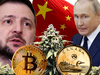 Collage of Volodymyr Zelenskiy, Vladimire Putin, pot, loonie, bitcoin