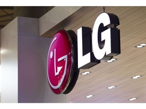 A logo sits above the LG Electronics Inc. pavilion on the opening day of the Mobile World Congress in Barcelona, Spain. Photographer: Angel Navarrete